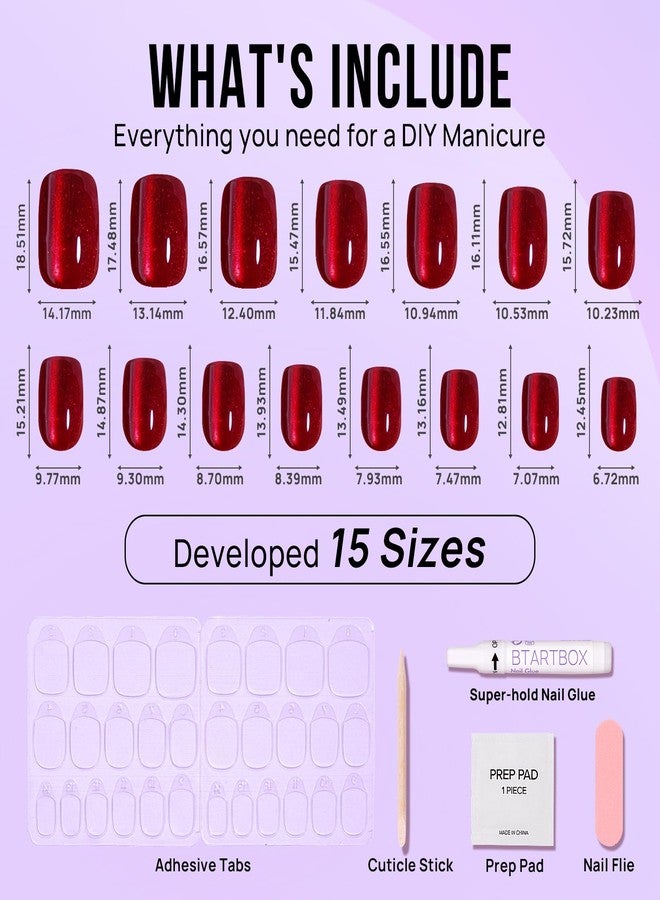 BTArtbox Press On Nails Red - Cat Eye Press On Nails Square for Gifts,Cherry Short Stick On Nails with Glue, Glossy Reusable Nail Tips in 15 Sizes - 30 Soft Gel Fake Nails Kit, Hot Love - Image 4